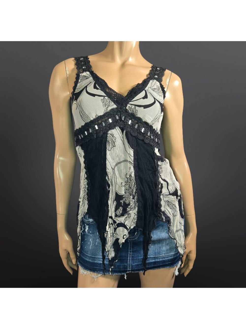 Y2K Babydoll Top Handkerchief Hem Size S Grunge Fairy Goth Gray Black Lace Trim